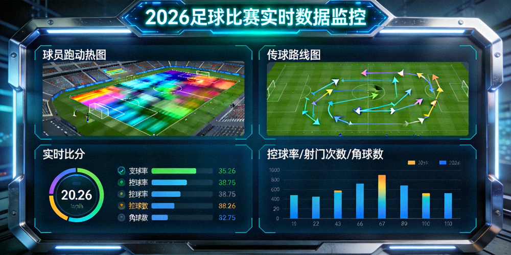2026年足球比赛实时数据监控大屏，显示各种动态图表与指标