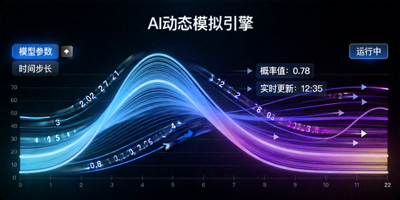 AI动态模拟引擎界面展示，显示复杂的概率曲线与实时数据流